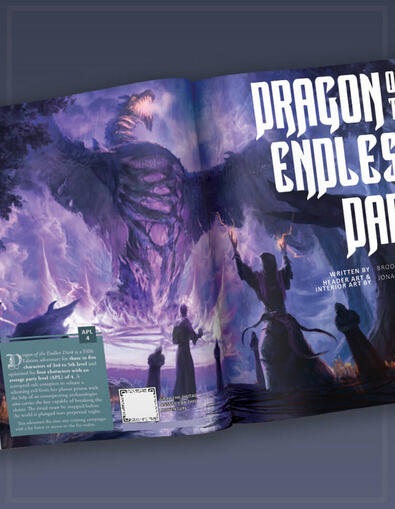 Preview image of the physical copy of Crucible Magazine Issue #4, where Dragon of the Endless Dark was an adventure. Features a large shadow dragon emerging from a shadowy portal in the background, as cultists in the foreground change ominously.