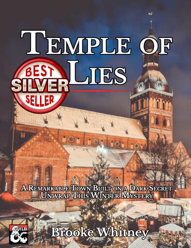 Cover image of Temple of Lies, featuring a church in snow with a Best Silver Seller badge, DMs Guild logo, and by Brooke Whitney on the cover.